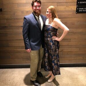 Anthropologie Navy and Gold Floral Jumpsuit